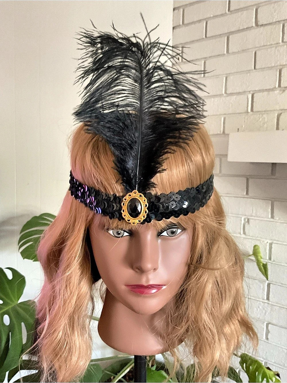 Black Sequin Feather Headband Like New